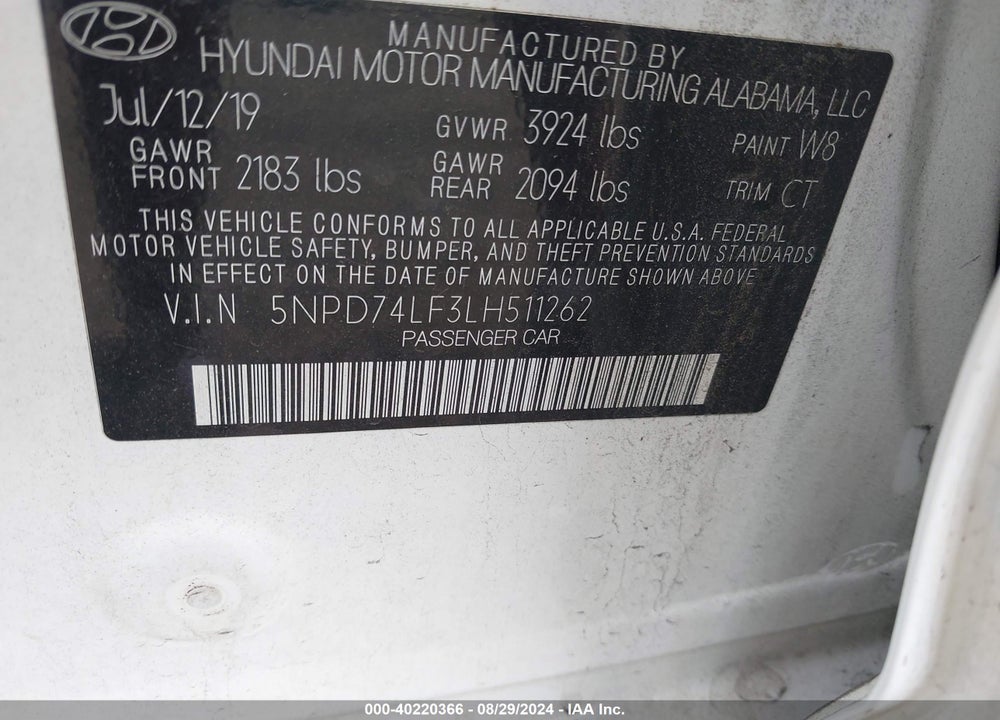 2020 HYUNDAI ELANTRA SE VIN: 5NPD74LF3LH511262