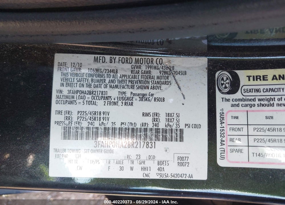 2011 FORD FUSION SE VIN: 3FAHP0HA2BR217831