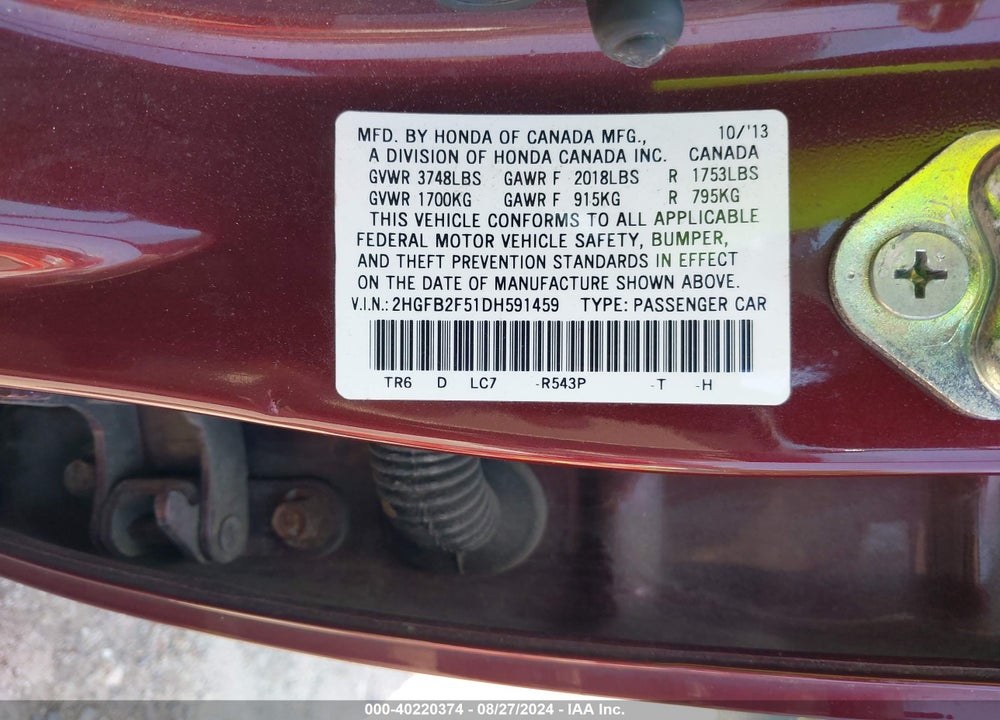 2013 HONDA CIVIC LX VIN: 2HGFB2F51DH591459