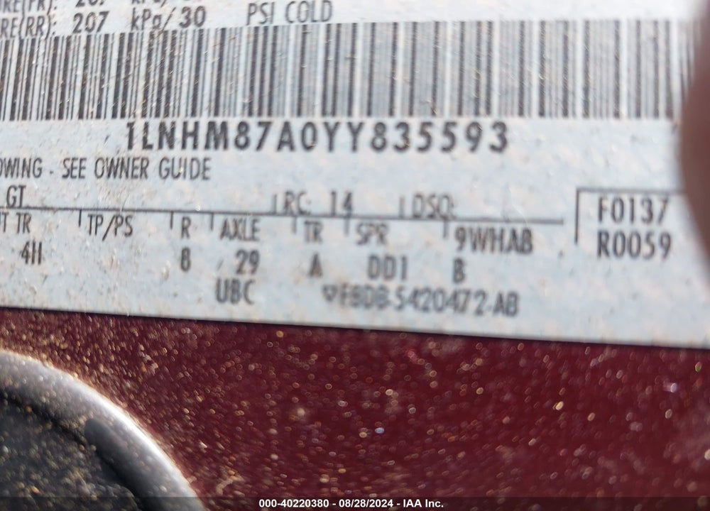 2000 LINCOLN LS V8 AUTO VIN: 1LNHM87A0YY835593
