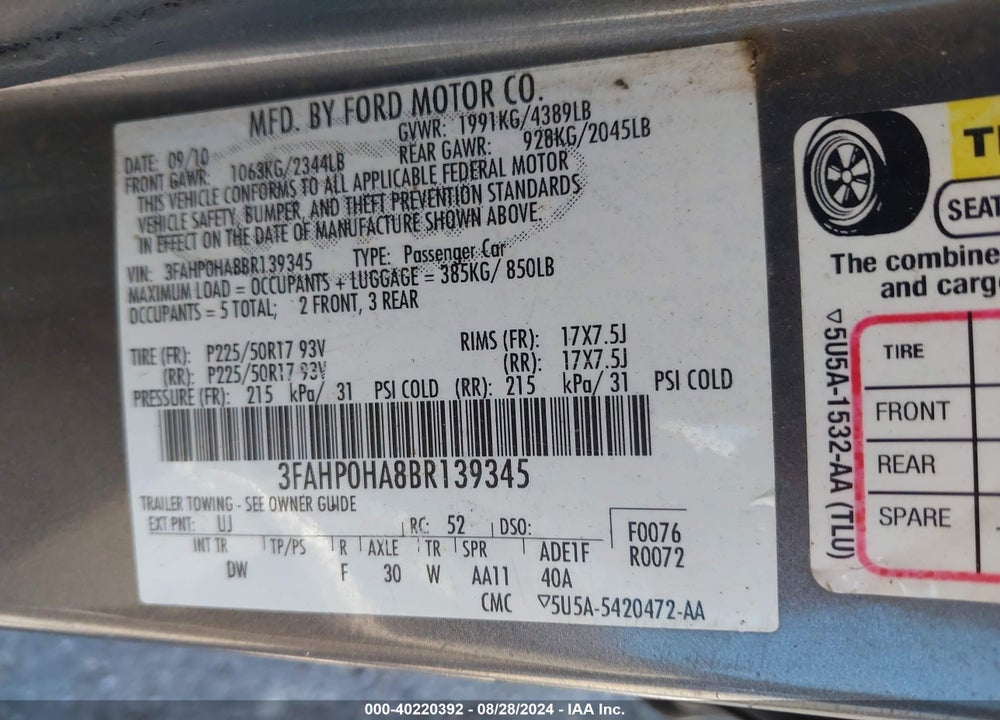 2011 FORD FUSION SE VIN: 3FAHP0HA8BR139345