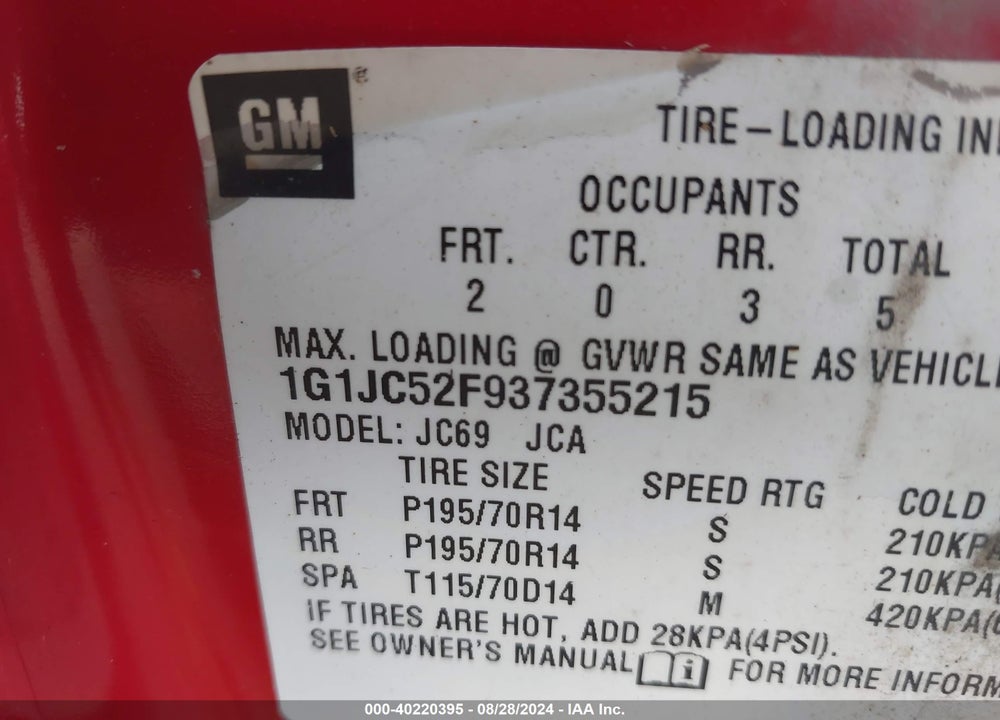 2003 CHEVROLET CAVALIER VIN: 1G1JC52F937355215