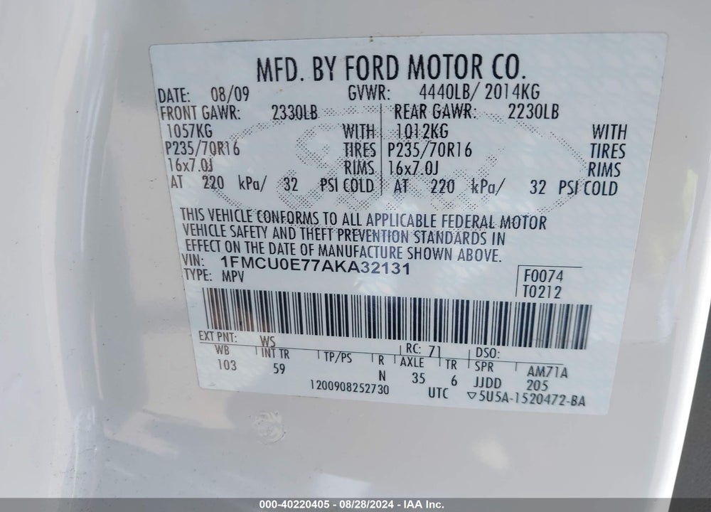 2010 FORD ESCAPE LIMITED VIN: 1FMCU0E77AKA32131