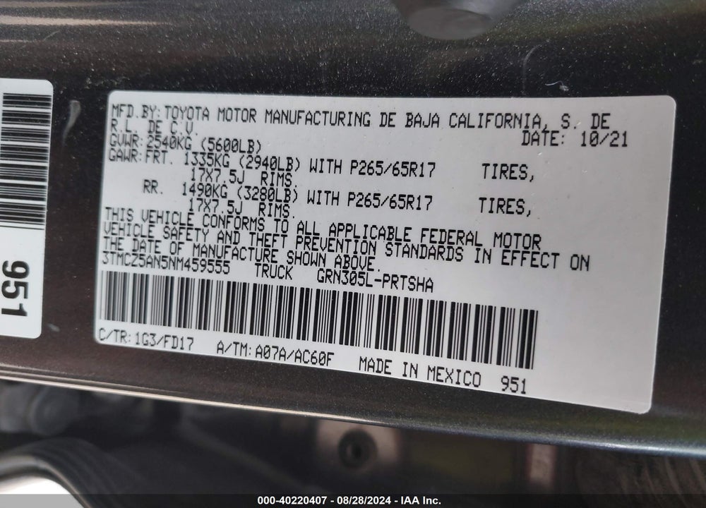 2022 TOYOTA TACOMA VIN: 3TMCZ5AN5NM459555