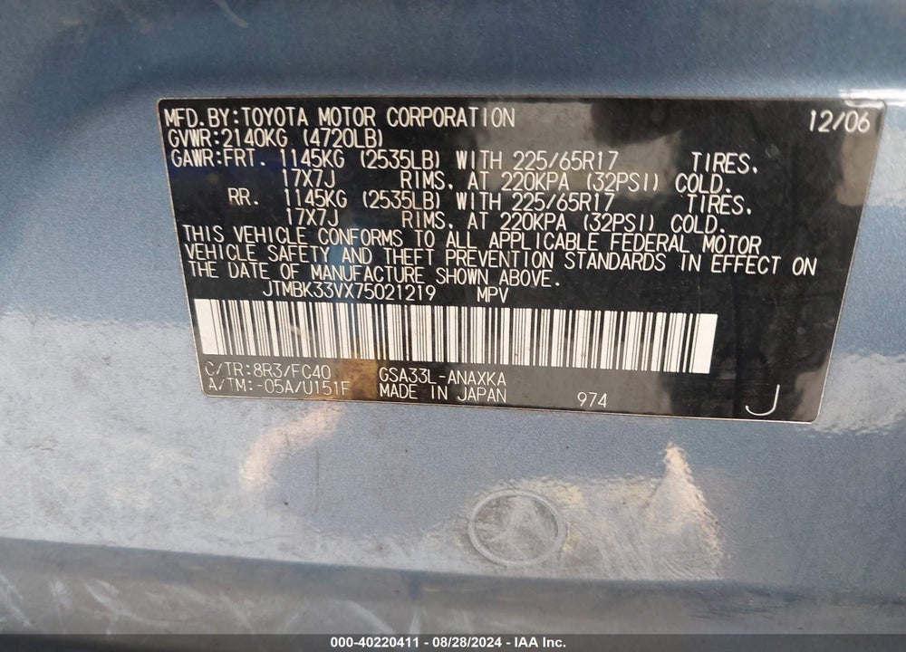 2007 TOYOTA RAV4 BASE V6 VIN: JTMBK33VX75021219