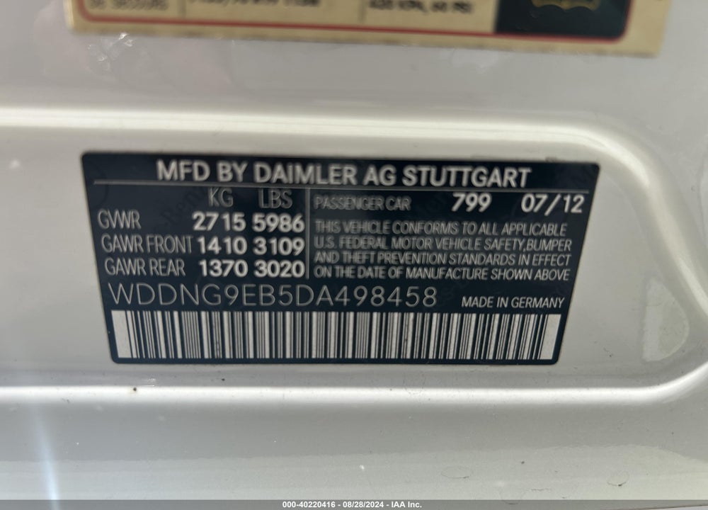 2013 MERCEDES-BENZ S 550 4MATIC VIN: WDDNG9EB5DA498458