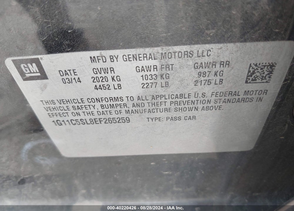 2014 CHEVROLET MALIBU 1LT VIN: 1G11C5SL8EF265259