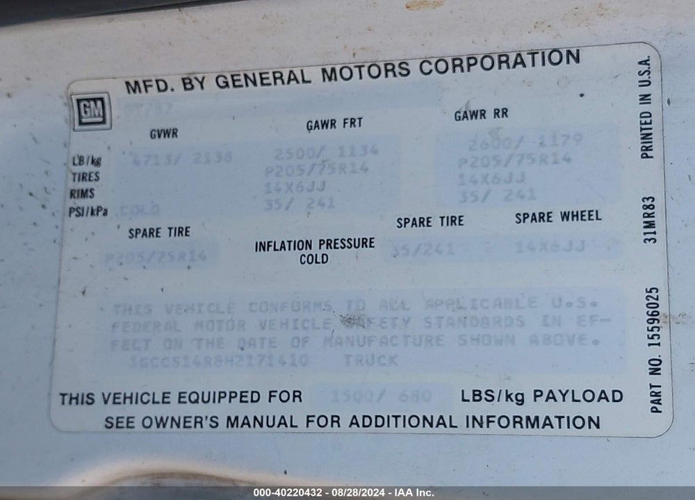 1987 CHEVROLET S TRUCK S10 VIN: 1GCCS14R8H2171410