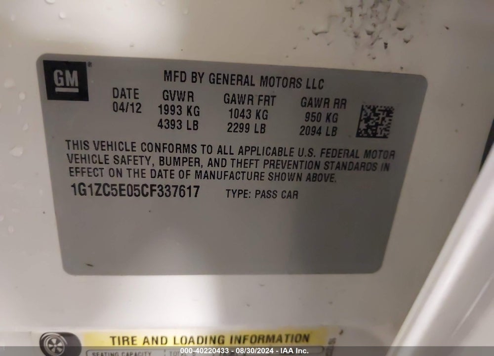 2012 CHEVROLET MALIBU 1LT VIN: 1G1ZC5E05CF337617