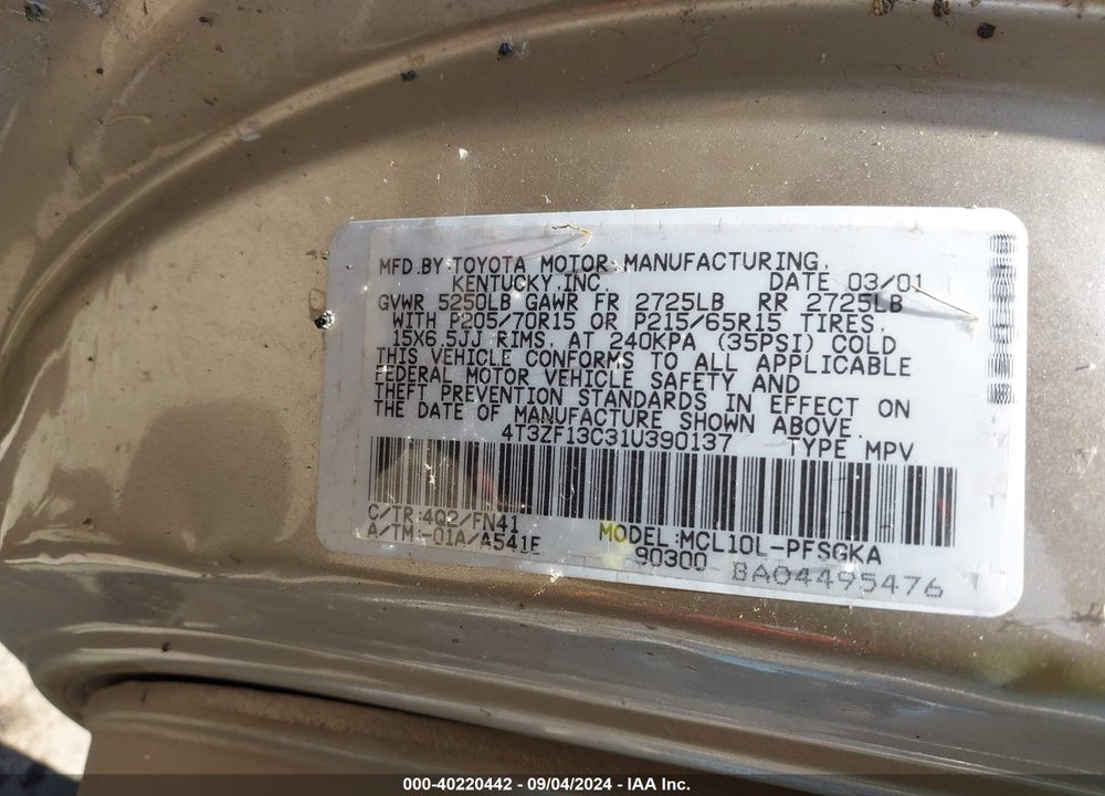 2001 TOYOTA SIENNA VIN: 4T3ZF13C31U390137