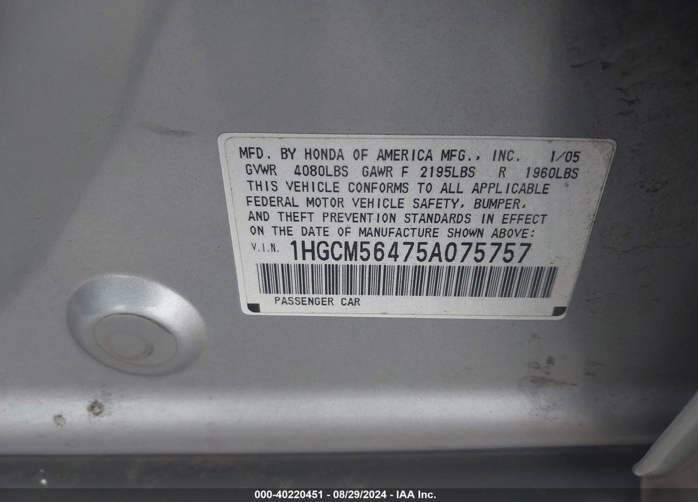 2005 HONDA ACCORD 2.4 LX VIN: 1HGCM56475A075757