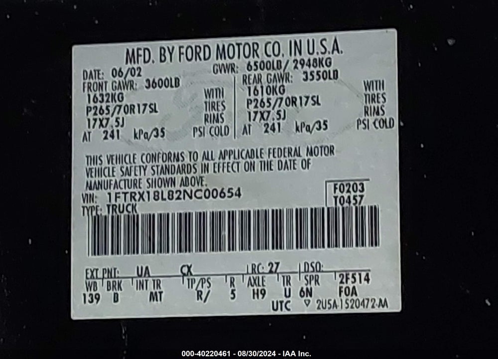 2002 FORD F-150 LARIAT/XL/XLT VIN: 1FTRX18L82NC00654