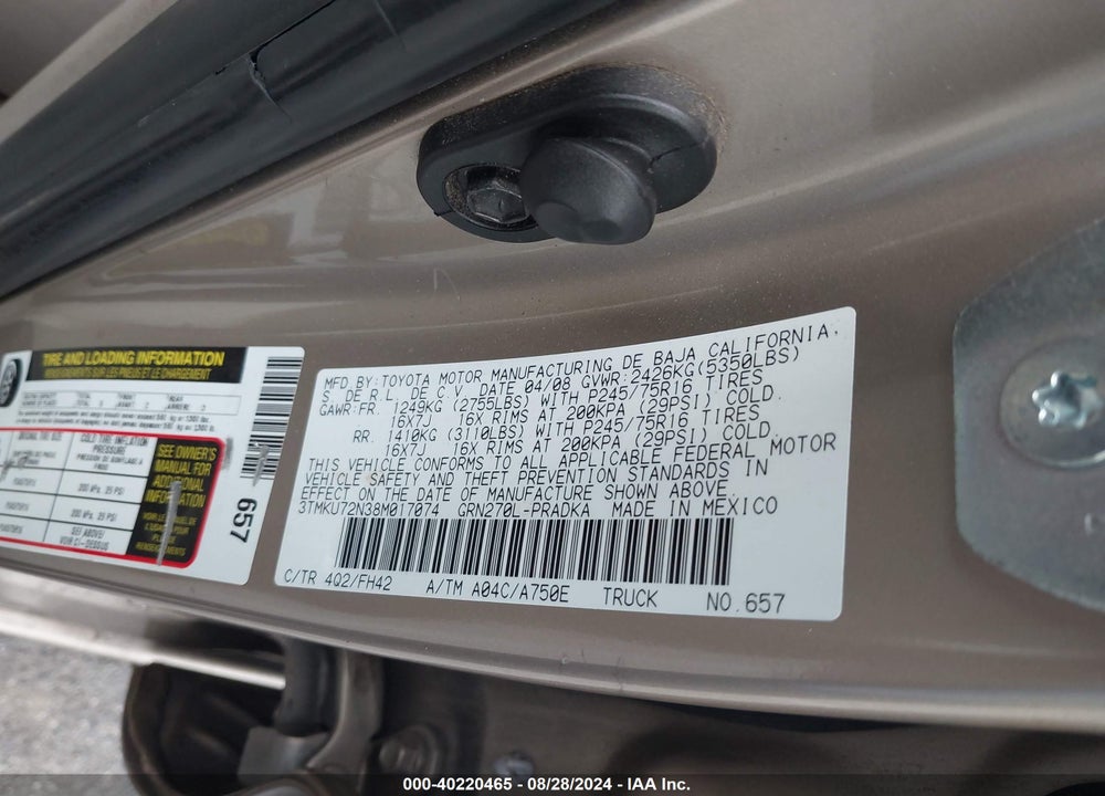2008 TOYOTA TACOMA PRERUNNER V6 VIN: 3TMKU72N38M017074