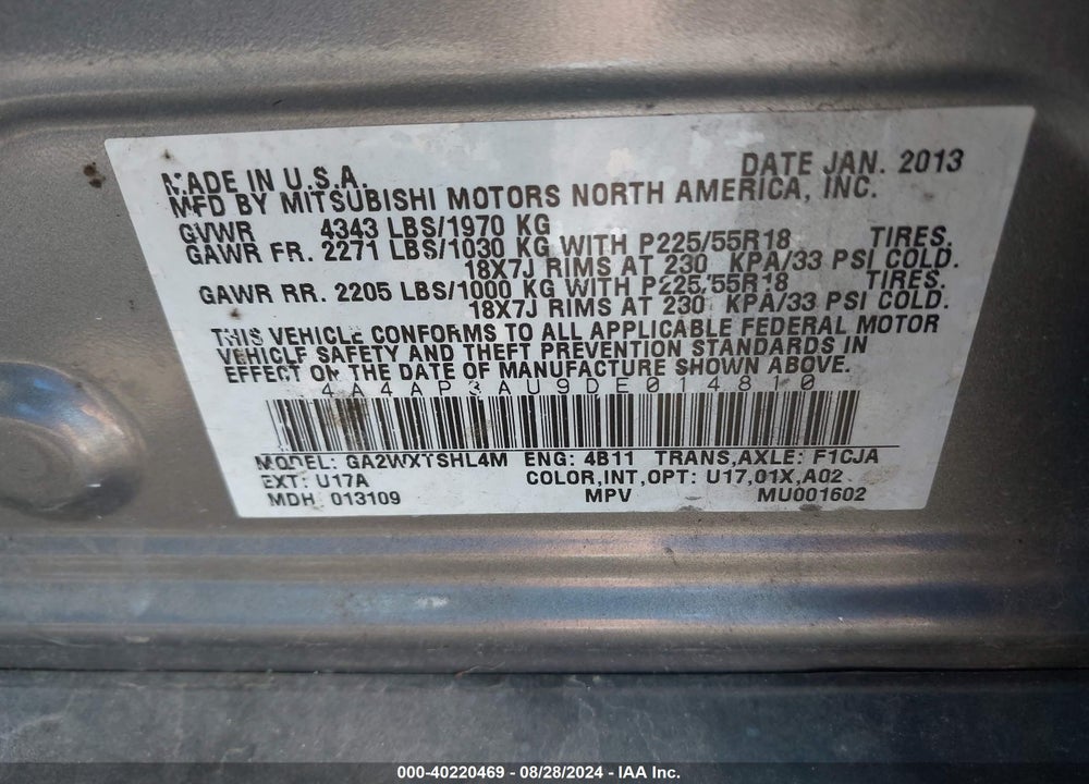 2013 MITSUBISHI OUTLANDER SPORT ES VIN: 4A4AP3AU9DE014810
