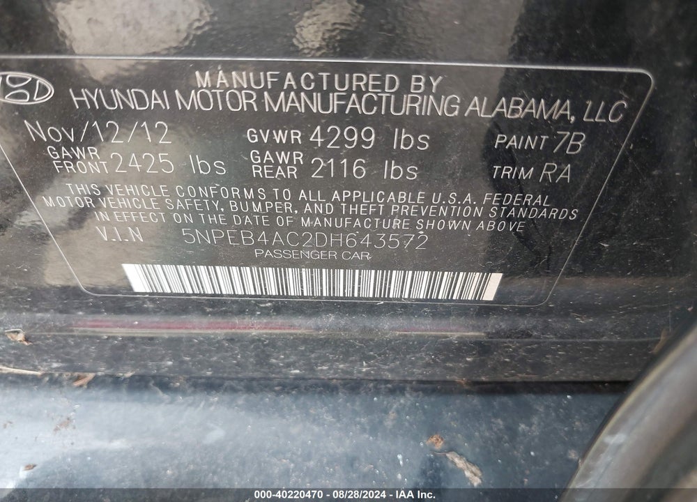 2013 HYUNDAI SONATA GLS VIN: 5NPEB4AC2DH643572