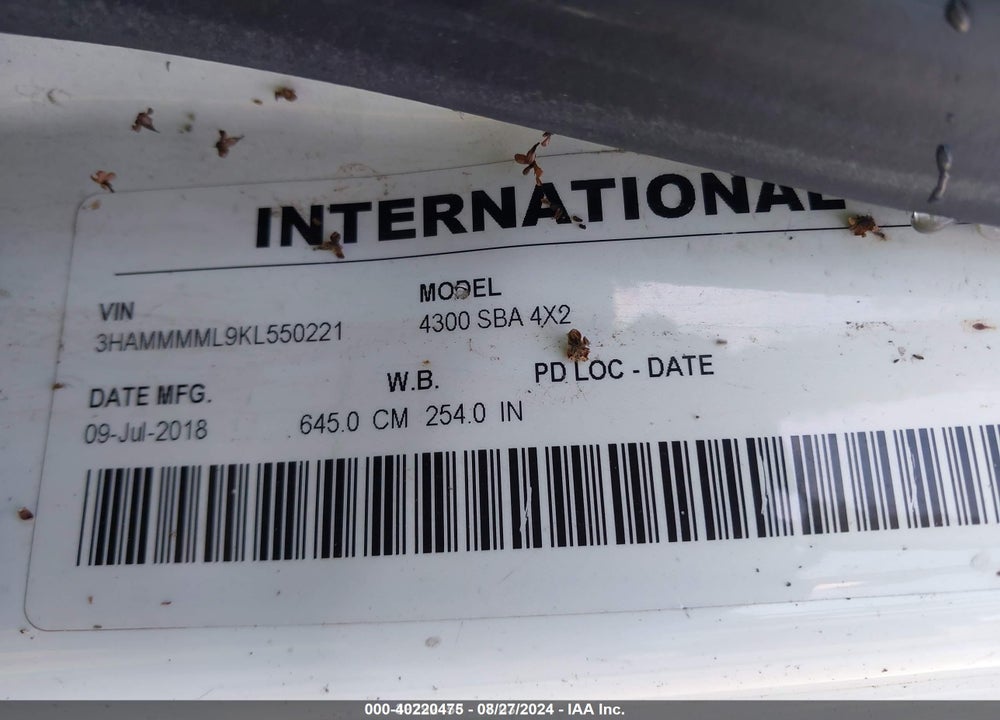 2019 INTERNATIONAL DURASTAR 4300 VIN: 3HAMMMML9KL550221
