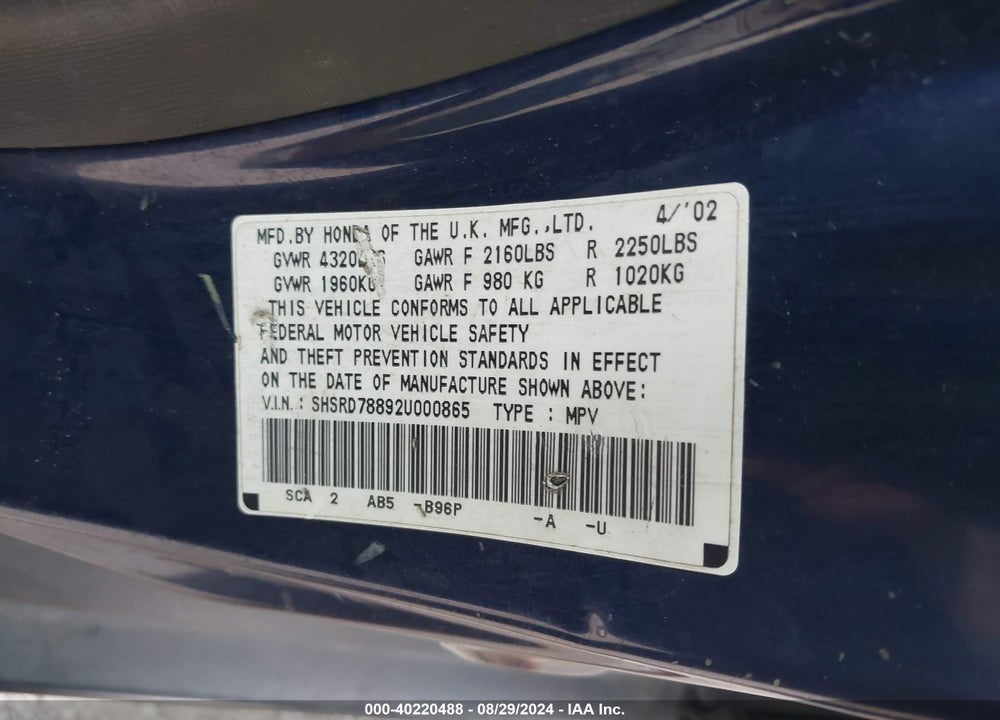 2002 HONDA CR-V EX VIN: SHSRD78892U000865