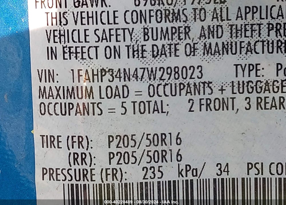 2007 FORD FOCUS VIN: 1FAHP34N47W298023