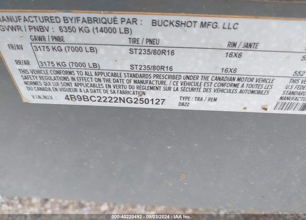 2022 BUCKSHOT TRAILER VIN: 4B9BC2222NG250127