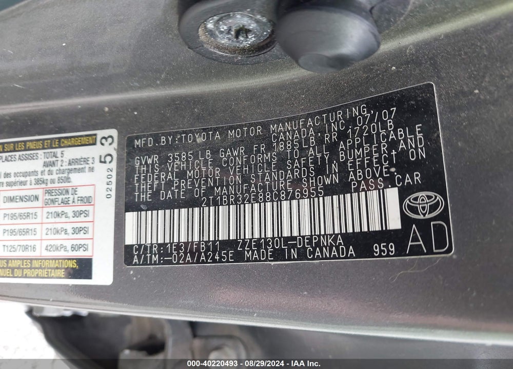 2008 TOYOTA COROLLA LE VIN: 2T1BR32E88C876955