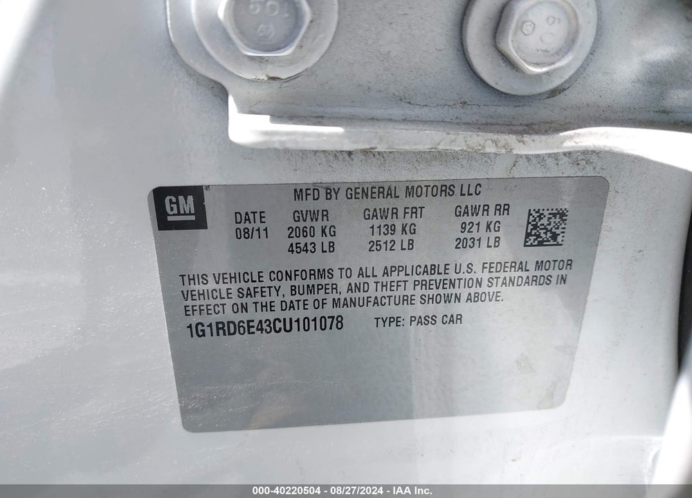 2012 CHEVROLET VOLT VIN: 1G1RD6E43CU101078