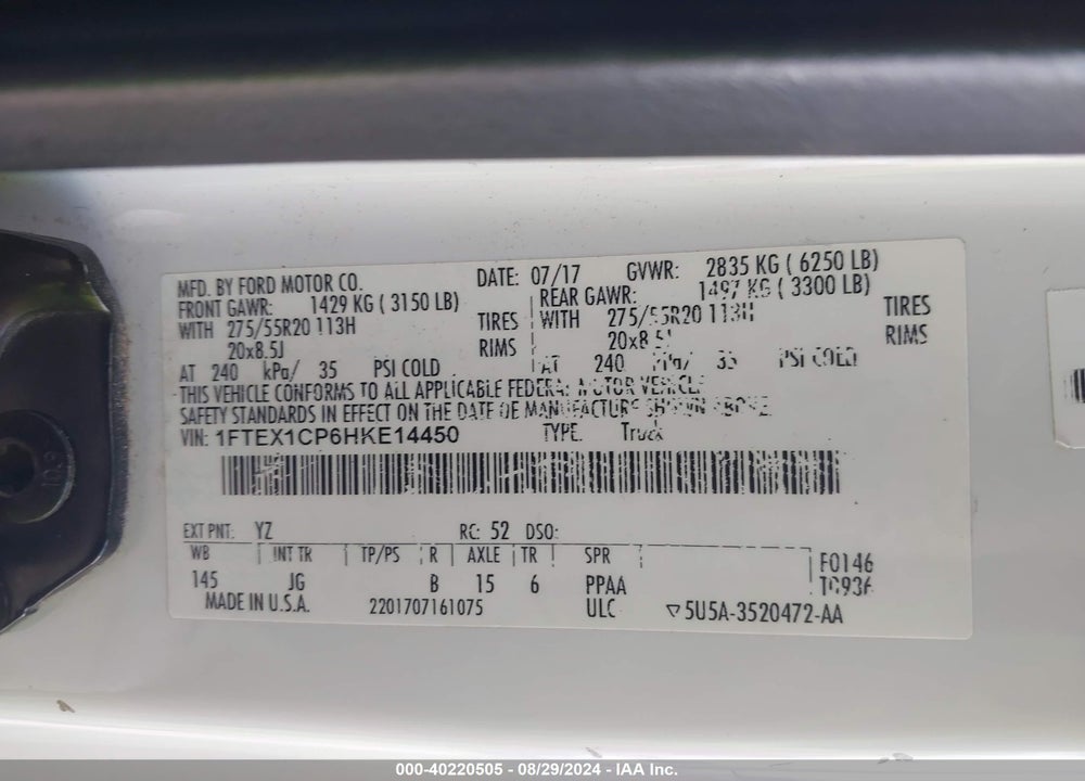 2017 FORD F-150 XL VIN: 1FTEX1CP6HKE14450