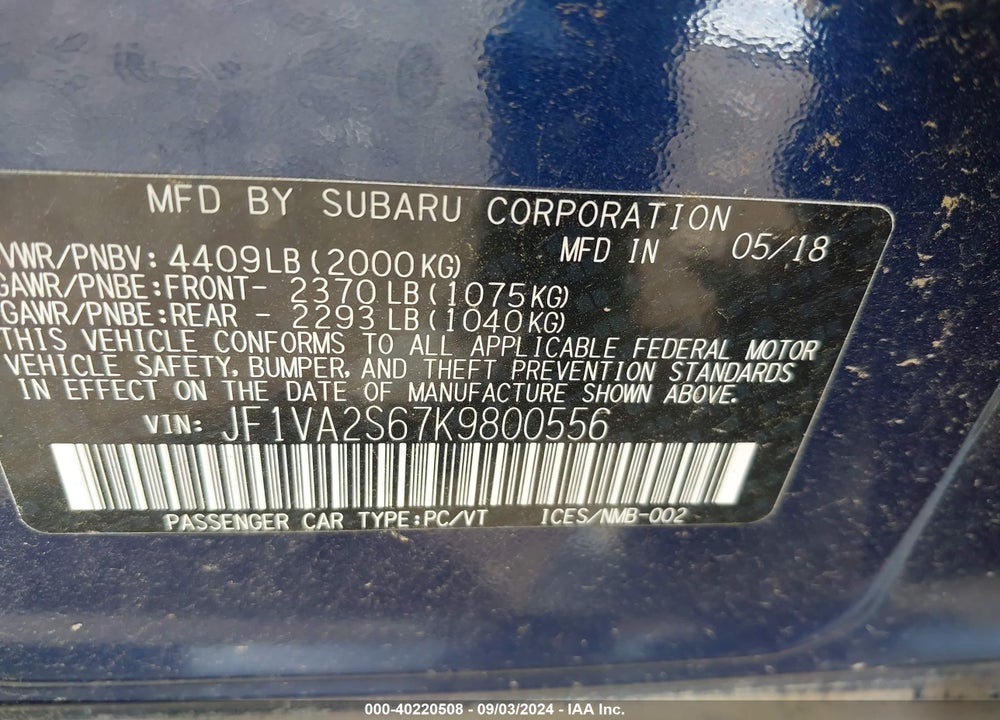 2019 SUBARU WRX STI VIN: JF1VA2S67K9800556