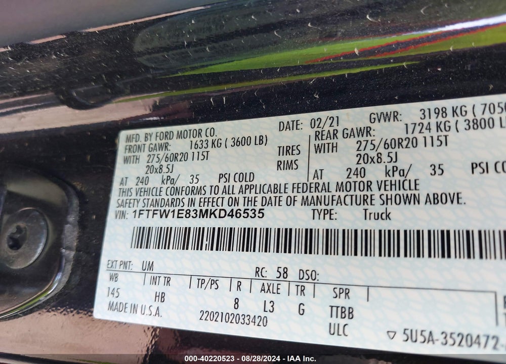 2021 FORD F-150 LARIAT VIN: 1FTFW1E83MKD46535