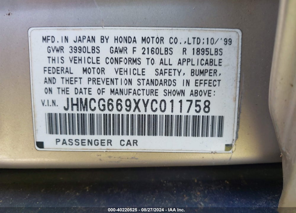 2000 HONDA ACCORD 2.3 SE VIN: JHMCG669XYC011758