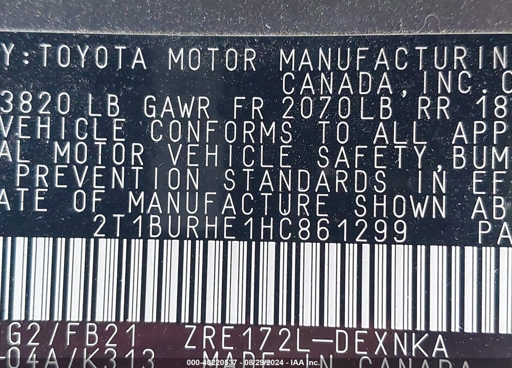 2017 TOYOTA COROLLA LE VIN: 2T1BURHE1HC861299
