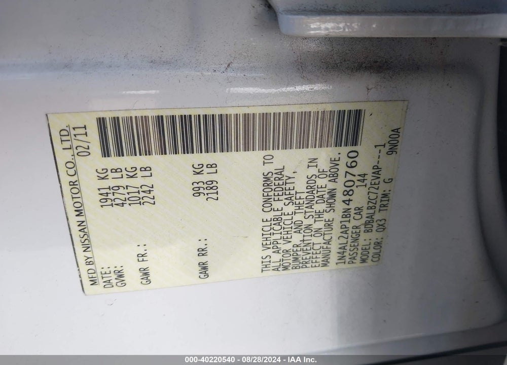 2011 NISSAN ALTIMA 2.5 S VIN: 1N4AL2AP1BN480760