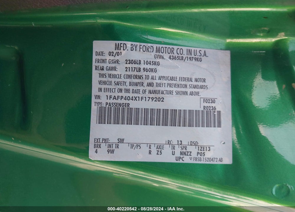 2001 FORD MUSTANG VIN: 1FAFP404X1F179202