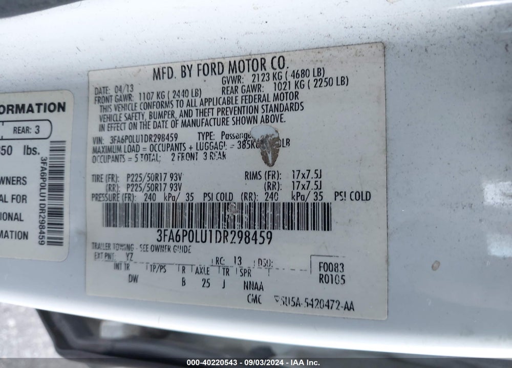 2013 FORD FUSION HYBRID SE VIN: 3FA6P0LU1DR298459