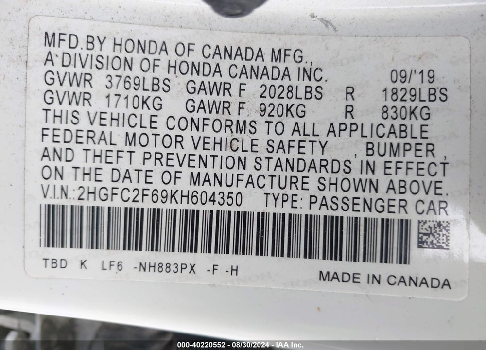 2019 HONDA CIVIC LX VIN: 2HGFC2F69KH604350