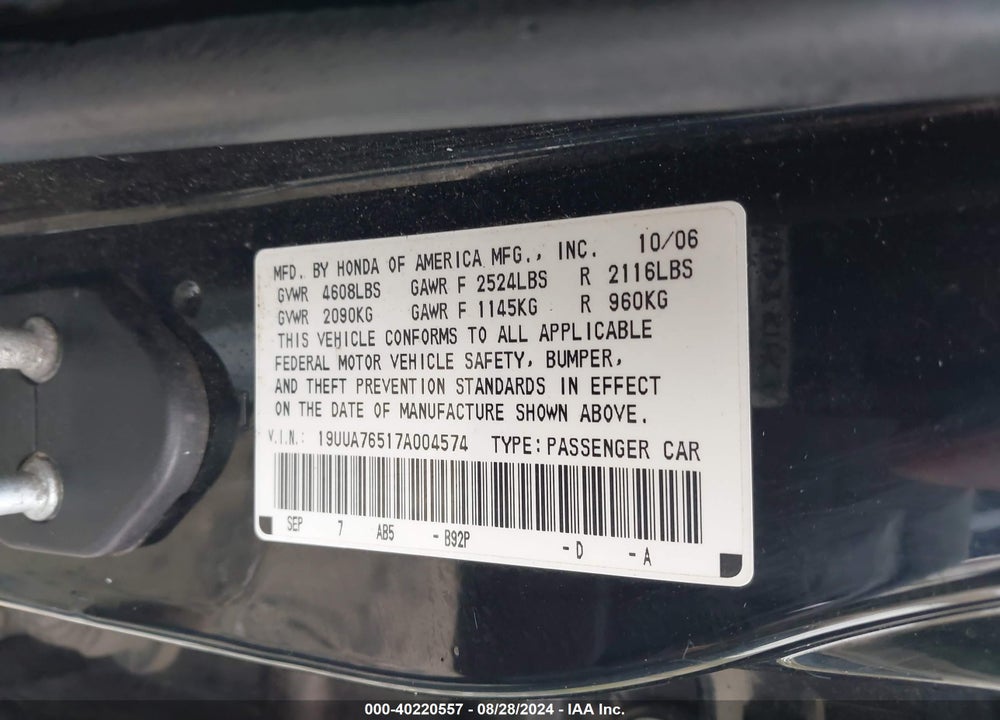 2007 ACURA TL TYPE S VIN: 19UUA76517A004574