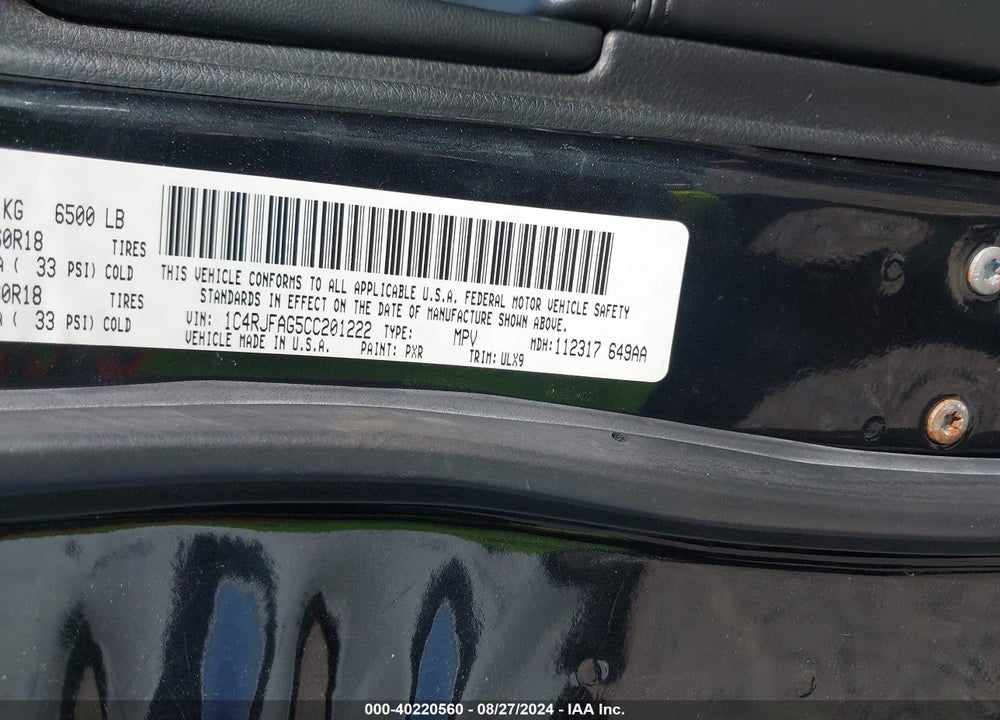 2012 JEEP GRAND CHEROKEE LAREDO VIN: 1C4RJFAG5CC201222
