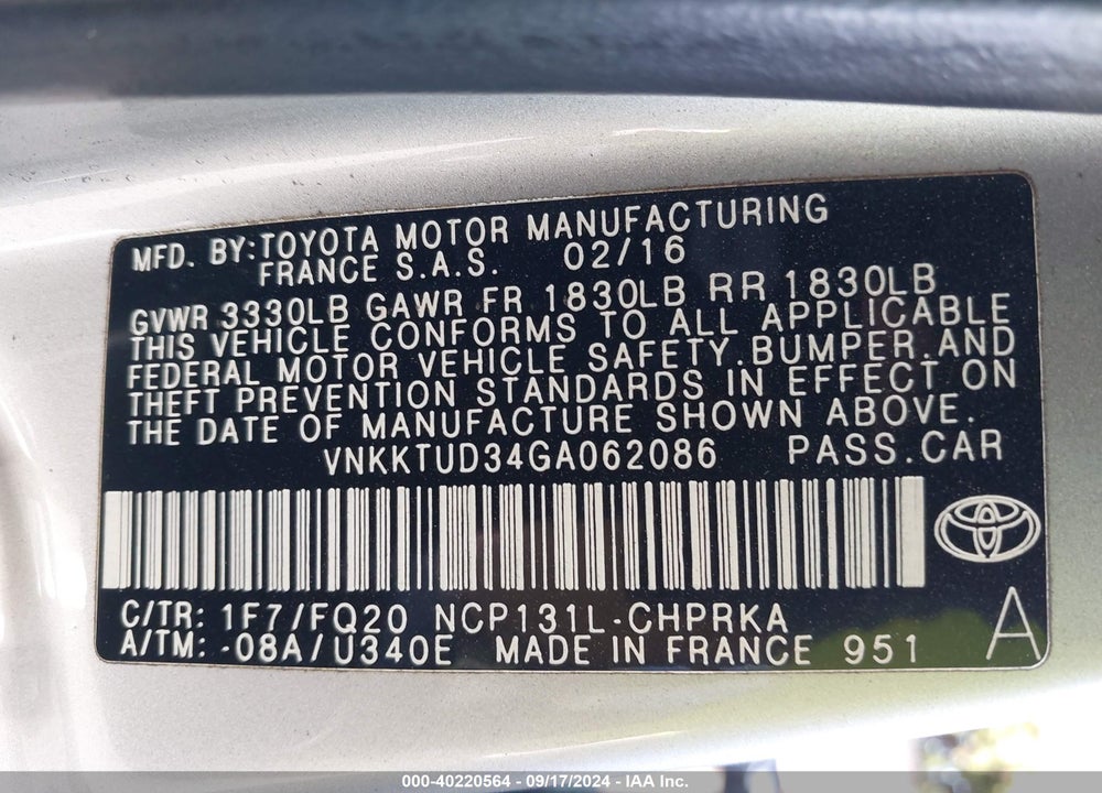 2016 TOYOTA YARIS L VIN: VNKKTUD34GA062086
