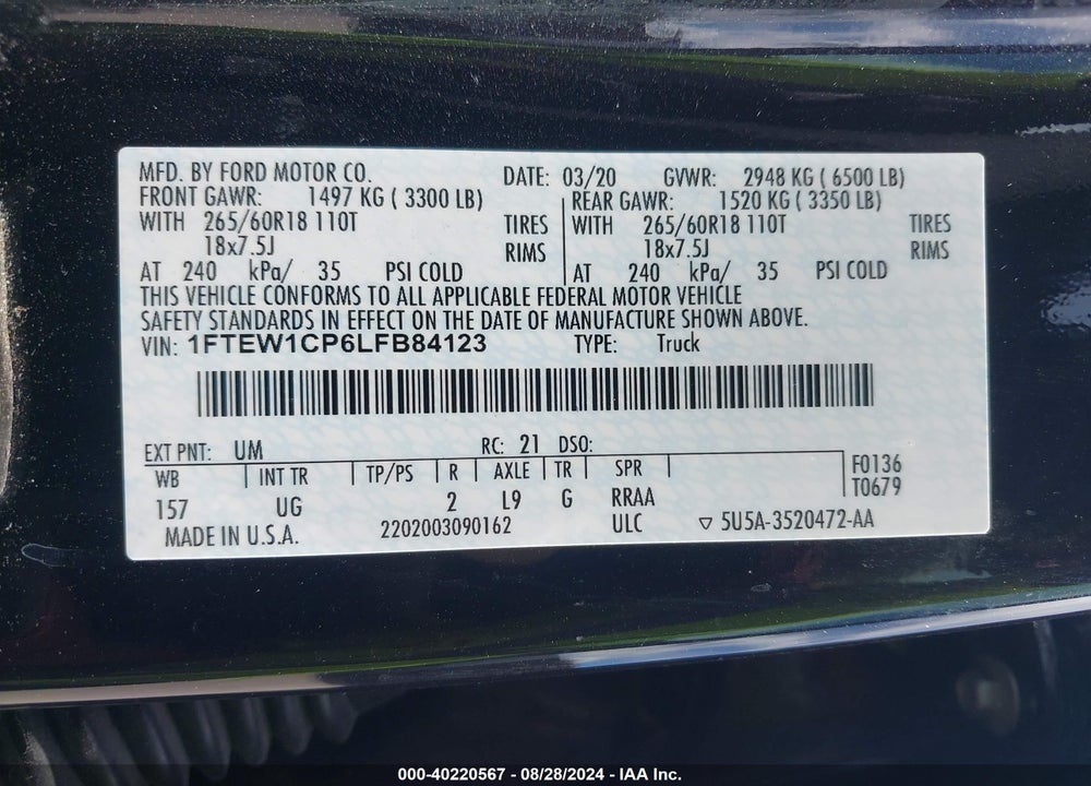 2020 FORD F-150 XLT VIN: 1FTEW1CP6LFB84123