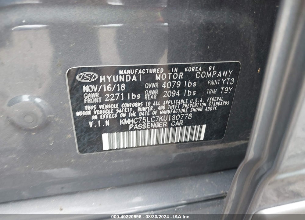 2019 HYUNDAI IONIQ HYBRID SEL VIN: KMHC75LC7KU130778
