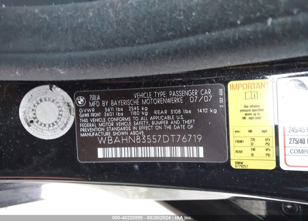 2007 BMW 750LI VIN: WBAHN83557DT76719
