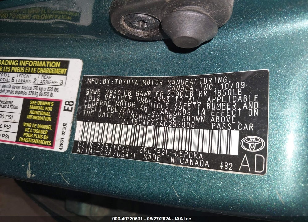 2010 TOYOTA COROLLA LE VIN: 2T1BU4EE7AC293900