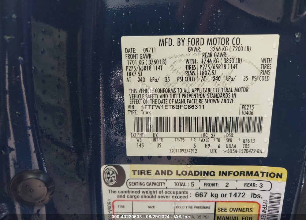 2011 FORD F-150 XLT VIN: 1FTFW1ET6BFC86311