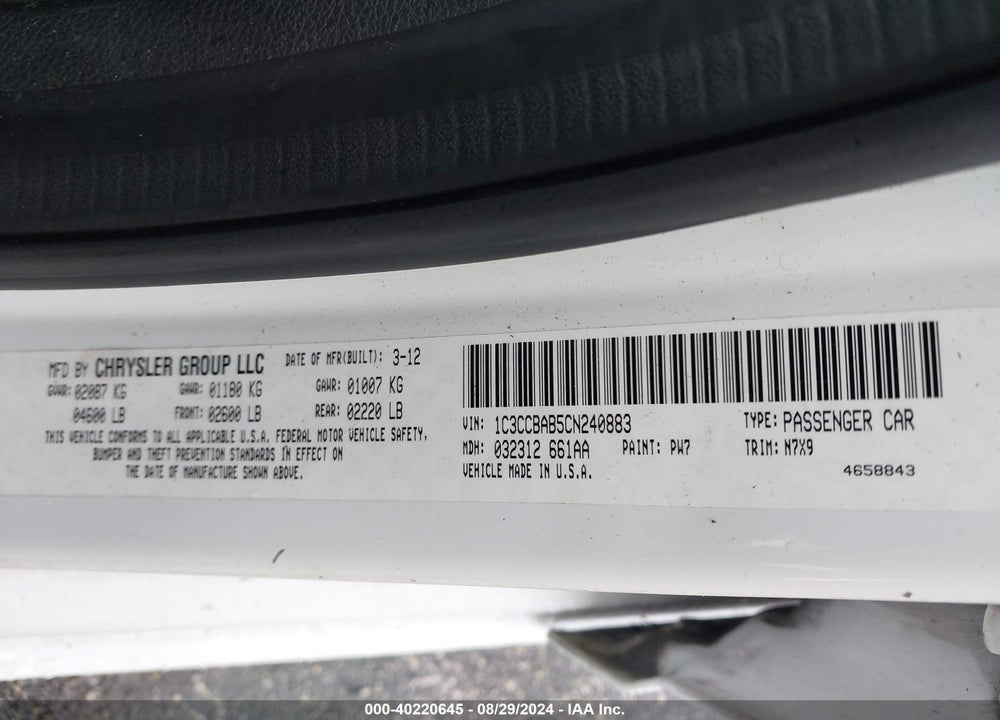 2012 CHRYSLER 200 LX VIN: 1C3CCBAB5CN240883