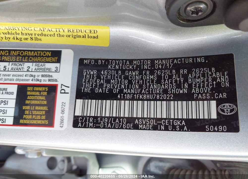 2017 TOYOTA CAMRY XLE VIN: 4T1BF1FK8HU782022