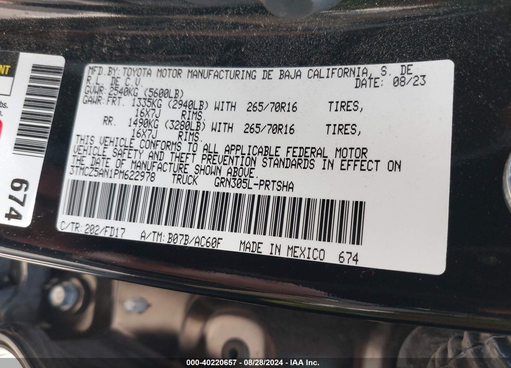 2023 TOYOTA TACOMA TRD OFF ROAD VIN: 3TMCZ5AN1PM622978