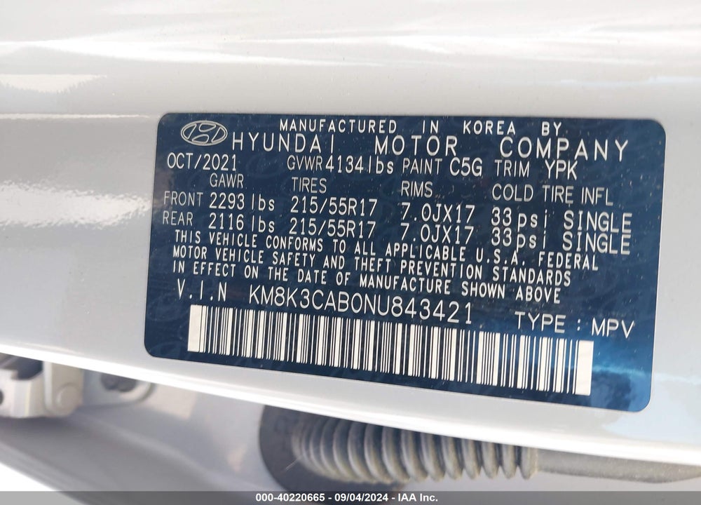 2022 HYUNDAI KONA SEL VIN: KM8K3CAB0NU843421