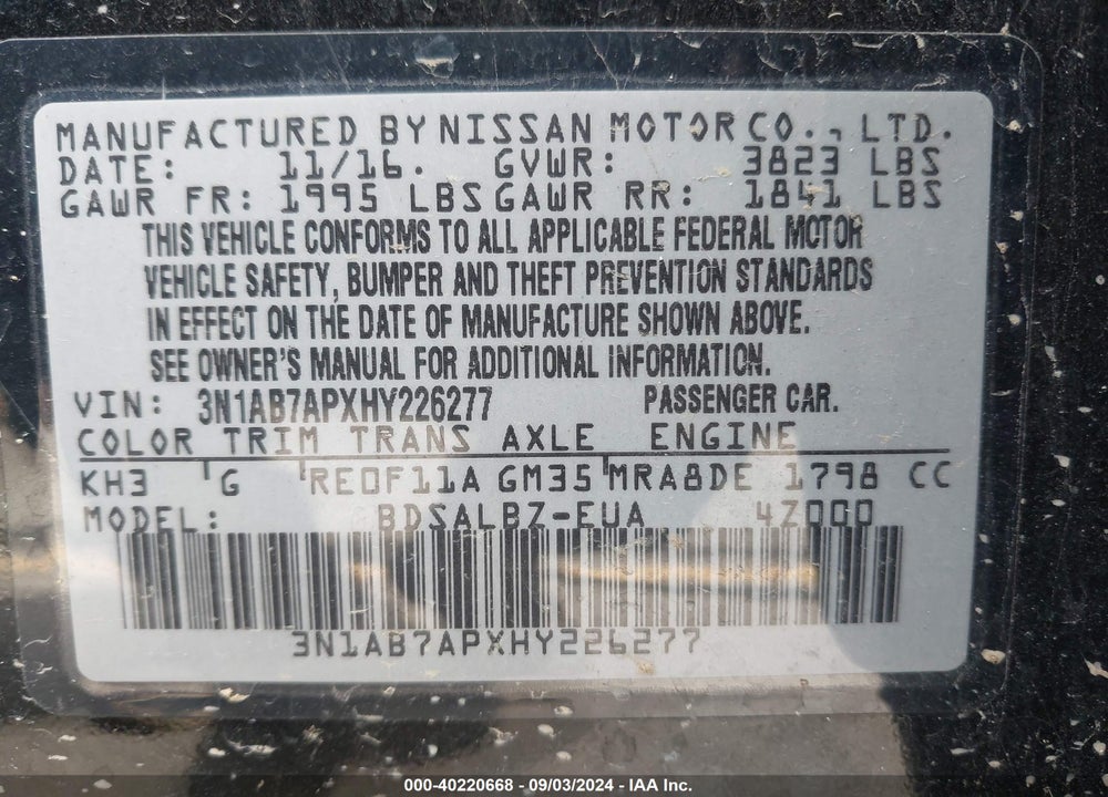 2017 NISSAN SENTRA S VIN: 3N1AB7APXHY226277