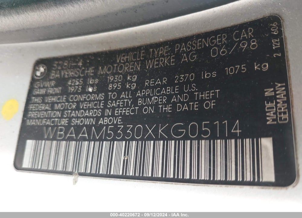 1999 BMW 328I VIN: WBAAM5330XKG05114