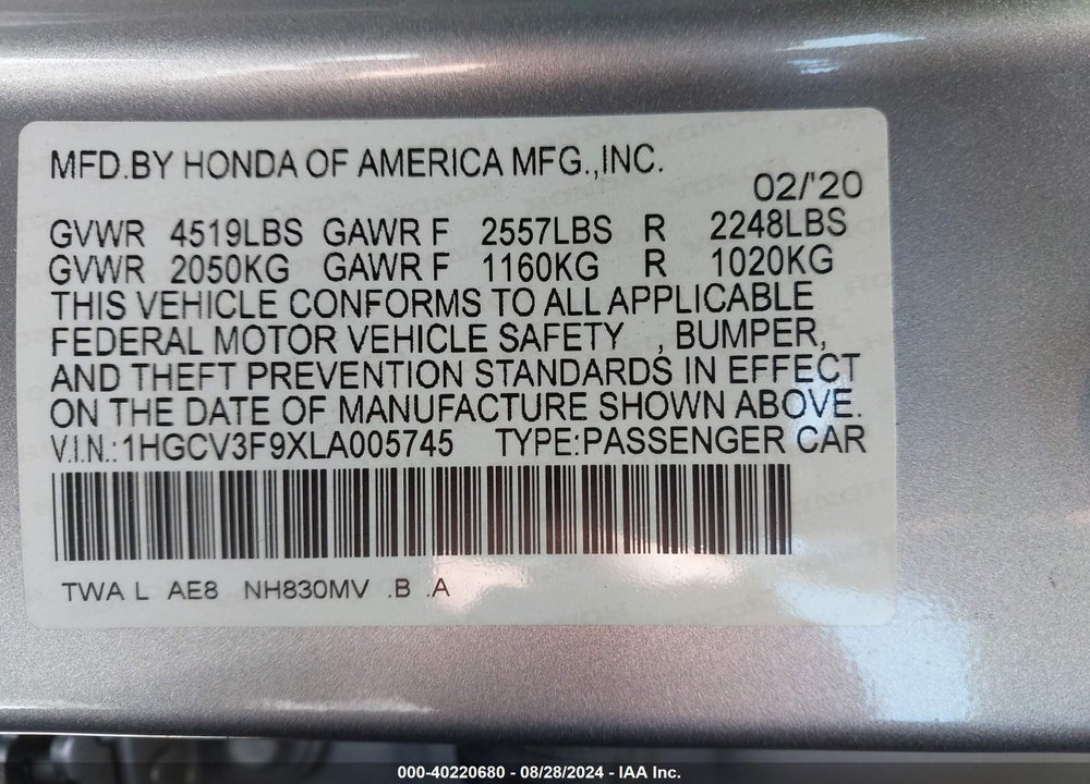 2020 HONDA ACCORD HYBRID TOURING VIN: 1HGCV3F9XLA005745