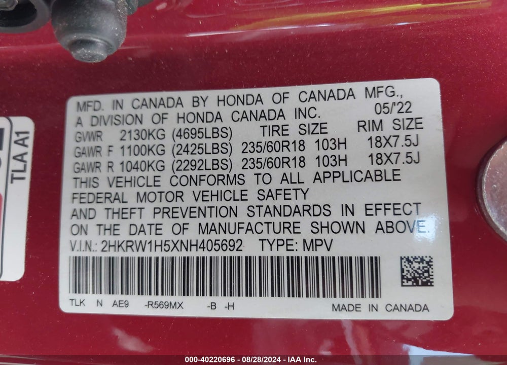 2022 HONDA CR-V 2WD EX VIN: 2HKRW1H5XNH405692